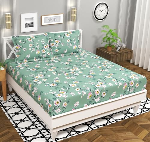 Image of HOMEKART 3D Printed 144 Tc Microfiber Double Bedsheet with 2 King Size Pillow Covers Breathable | Wrinklfree | Summer | Topsheet (Green Flowral Cricle Print, 90 x 90 Inches)