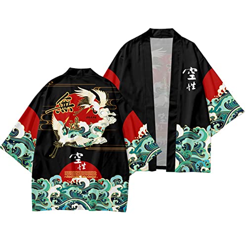 Image of DOSLAVIDA Men's Japanese Kimono Cardigan Suit Chinese Style Printed Jacket Pants Set Open Front Seven Sleeve Top & Shorts