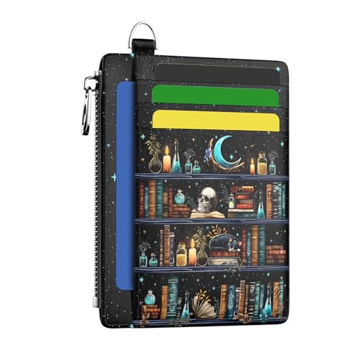 Image of Hancynir Goth Bookshelf Skull Cat Wallet Women Credit Card Holder Funny Gothic RFID Blocking Small Card Wallets Mini Front Pocket PU Leather Thin Travel Zipper Coin Cash Ladies Female Wallet Gifts