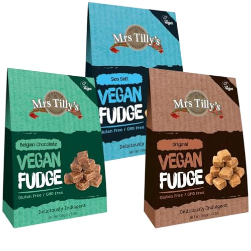 Original Scottish Vegan Fudge 150g with Sea Salt Vegan Fudge 150g & Belgium Chocolate Vegan Fudge 150g (Bundle Consisting of Mrs Tilly’s Vegan Fudge Packs x3)