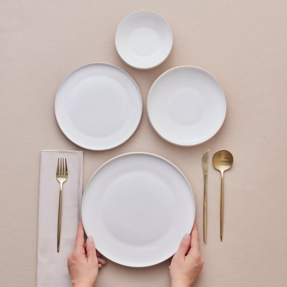 Karaca Saturn White Dinnerware Sets, Modern Kitchen Dinner Set for 6 People, 24-Piece Plates and Bowls Sets, Bone China Material, Durable & Elegant Gold Trim