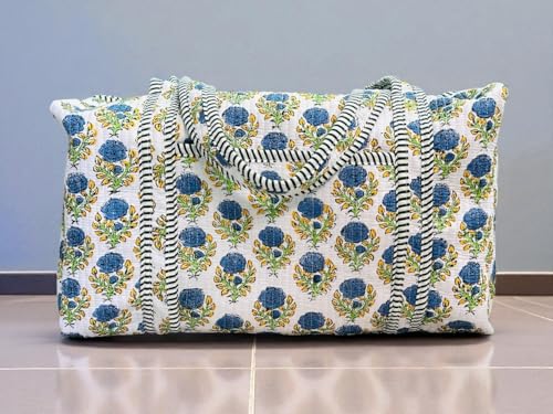 Large Cotton Weekender Travel Bag, Handmade Quilted Fabric Duffle Bag, Block Printed Overnight Bags, Hand Luggage Bag, Bags for Women,2