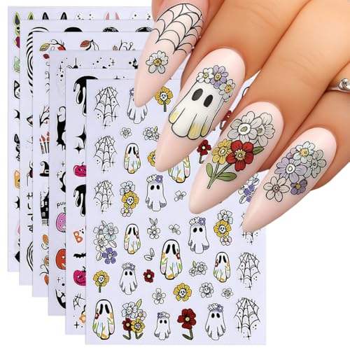 HABNI 6 folhas autocolantes de unhas, autocolantes de unhas estilo Halloween, autocolantes para unhas, abóboras, caveiras, fantasmas, aranhas, acessórios de decoração de unhas para o Halloween
