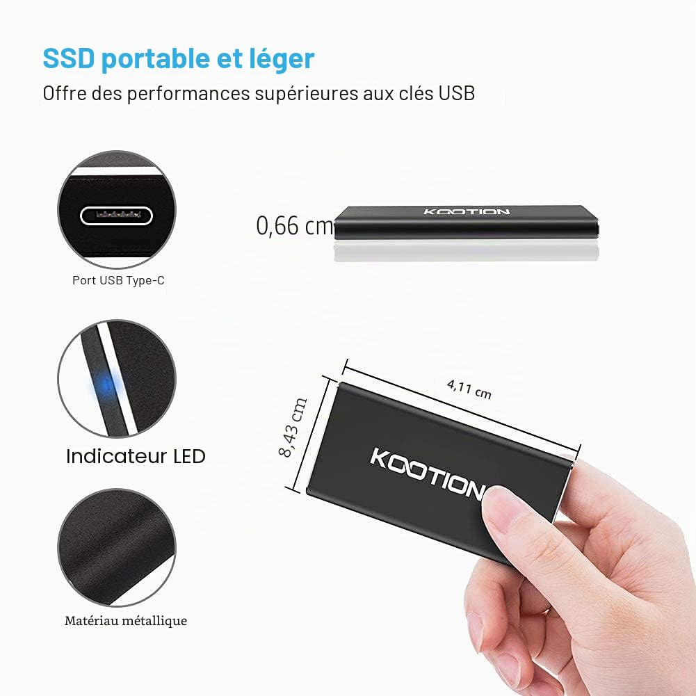 KOOTION Disque Dur Externe 250 Go SSD Ultra Mince Jusqu’à 550 Mo/s en Lecture USB 3.1 USB Type-C Solid State Drive avec 2*câbles Portable pour PC,Desktop,Laptop,Macbook,Smartphone