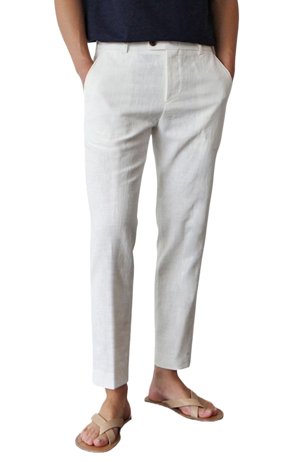 GINGTTO Linen Pants Men Slim Fit Elastic Waistband Lightweight Summer Beach Fashion Casual Pant