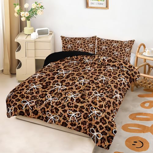 Image of AILONEN Coffee Leopard Comforter Full 3 Piece Bronze Cheetah Bedding Ribbon Bowknot Quilt Ultra Soft Microfiber Padded Blanket Teens Cool Room Decor Chic Animal Print Cover 2 Shams