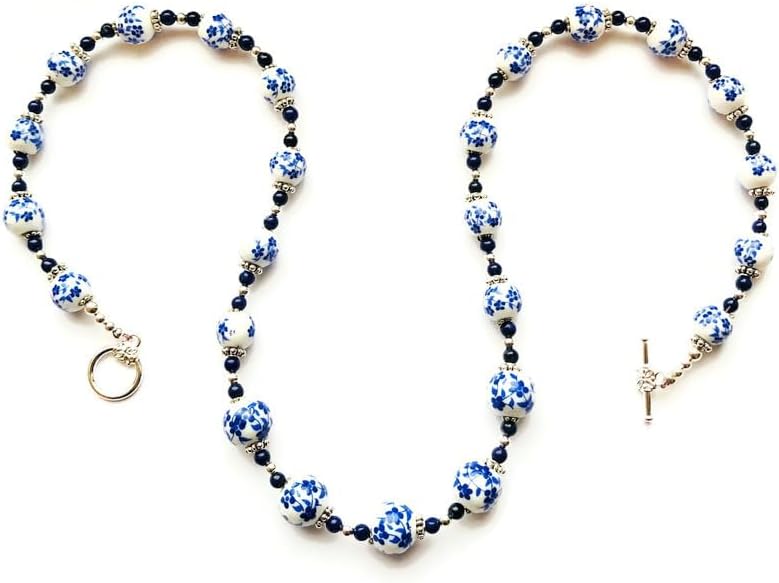 Blue and White Ceramic Porcelain, Royal Blue Jade Beads Necklace Delft Holland Beads Silver/or Golden Toggle Clasp