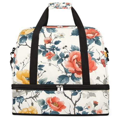 Sports Gym Bag Red Flower Watercolor Large Travel Duffel Bag With Shoe Compartment Foldable Waterproof Carry-On Weekend Travel Bags for Camping Overnight Yoga Hospital Travel Bags