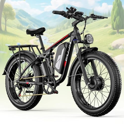 PHJU 6000W Dual Motors 60V 1200wh Electric Bike for Adults, 24'' Fat Tire Max 45 mph,Up to 100 Miles Full Suspension Fast E-Bike for Snow Commuter for Men Women (Black-45Mph)
