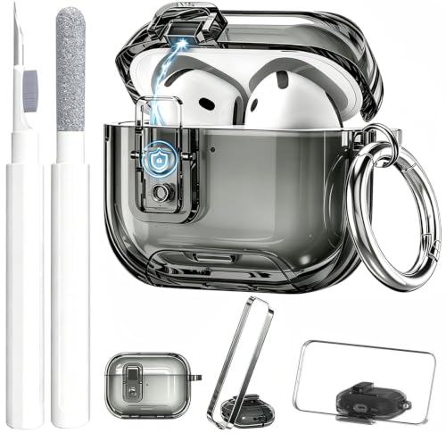 Image of Compatible with Airpods 4 Case Clear with Lock Phone Stand, Soft TPU Magnetic Automatic Lock Apple AirPods 4th Generation Protective Cover Skin Women Men + Cleaning Kit for iPod 4 2024 Case Black