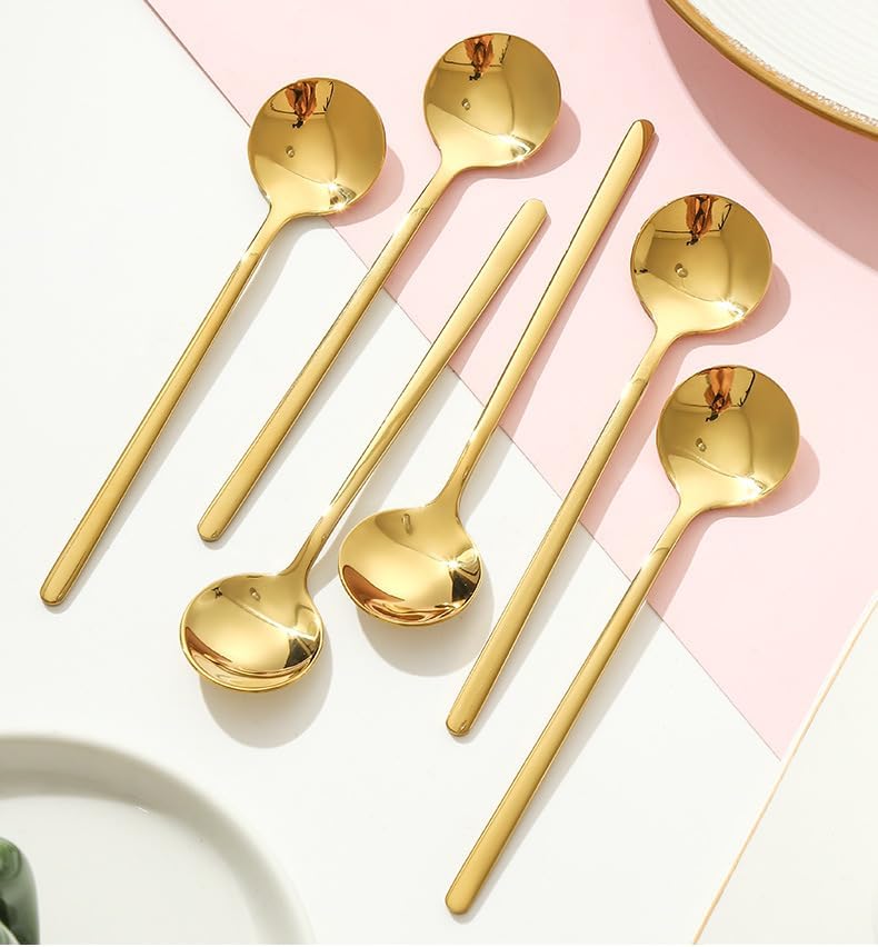 Silverware Flatware Set, 6/24/36/48 Pieces 304 Stainless Steel Small Round Spoon Gift Box Long Handle Coffee Stirring Spoon Dessert Spoon Set (Color : Gold, Size : 6Set-36Pcs)