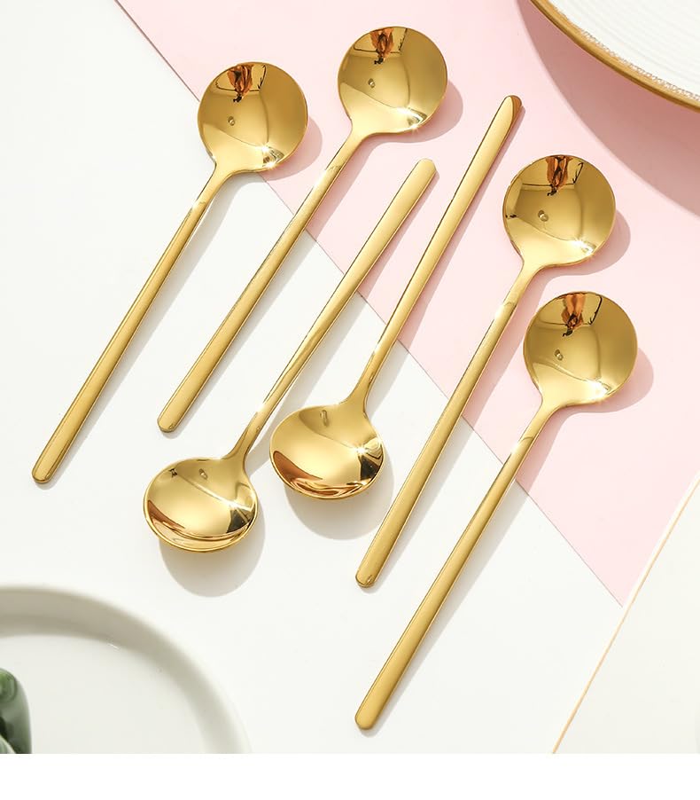Ce Coffret de Couverts Comprend 6/24/36/48 pièces en Acier Inoxydable 304, Dont Une Petite cuillère Ronde à Long Manche, idéale pour remuer Le café ou Les Desserts. Couleur : Or.