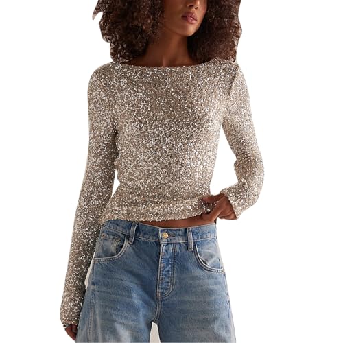 Women Long Sleeve Sequin Crop Tops Back Cowl Neck Sparkly Shirts Club Party Night Glitter Top Silver
