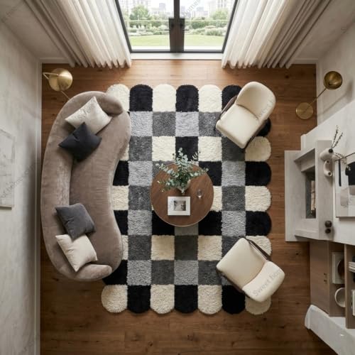 Image of SWEET HOMES Luxury Abstract Shag Rug, Thick Soft Square Area Carpet for Living Room, Bedroom, 4 x 4 Feet (122 x 122 cm), Grey & Ivory