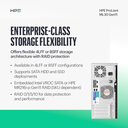Image of Hewlett Packard Enterprise ProLiant ML30 Gen11 Tower Server with Intel Xeon 6325P, 32GB DDR5, 2x960GB SSD, MR216i-p RAID, 8SFF Bays, Dual 500W PSU (P86726-005)