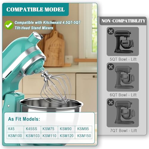 Dishwasher Safe 6 Wire Whisk for Kitchenaid Attachments,Upgrade Real Stainless Steel 6 Wire Whip Attachment for Kitchenaid 4.5-5 Quart Tilt-Head Stand Mixer,Replace K45WW Kitchen Aid Attachments by COOKRA - Used condition - Image 5