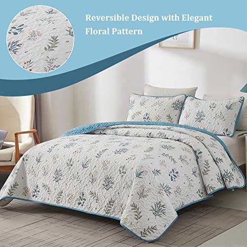 Djy Floral Quilt Set King Size, Teal Flower Leaves Botanical Bedspread Coverlet Sets Soft Lightweight Bedding Set 3 Pieces (1Quilt And 2Pillowcases) For All Season #TOP3