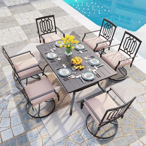 Image of PHI VILLA 7 Pcs Patio Dining Set for 6,60 inch Steel Table& Swivel Chairs | Rectangular Dining Table and 6 Swivel Patio Dining Chairs w / cushions for Outdoor Backyard Bistro Furniture Set