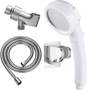 KAIYING High Pressure Handheld Shower Head with ON/OFF Pause SwitchWhite & Self Adhesive Handheld Shower Head HolderChrome