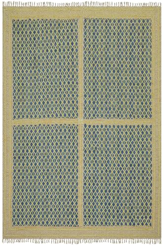 CASAVANI Kelim-Teppich, Stickerei, geometrisches Design, Handwäsche, blau, braun, Handblock, bedruckt, Baumwolle, Dhurrie, 0,5 cm dick, handgefertigt, Boho-Flachgewebe, Teppiche für Küche