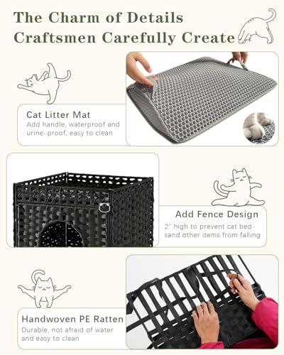 Image of SETVSON Cat Litter Box Enclosure Furniture, Hidden PE Rattan, Black | PE Rattan Kitty House with Top Fence, Fits Standard Litter Box, Included Litter Mat, 2 S-Hooks, Sturdy Metal Frame