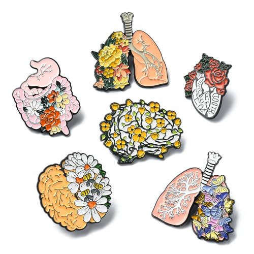 DanLingJewelry Set di 6 spille smaltate a forma di organo floreale con organi umani creativi, spille smaltate per vestiti, zaini, decorazioni, Metallo