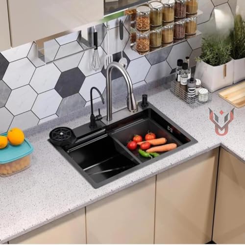 Image of Kitchen Sink 304 Grade Anti Scratch Design with Integrated Waterfall and Pull-Down Faucet Set and All Accessories (All in One (24X18X9))