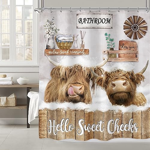 Imirell Funny Highland Cow Shower Curtain 60Wx72H Inches Rustic Farmhouse Bull Animal Wooden Board Country Western Wildlife Plant Nature Farm Fabric Waterproof Polyester with 12 Pack Hooks Plastic