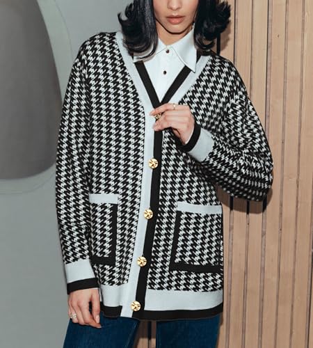 Image of Women's Houndstooth Knit Cardigan Sweater V-Neck Button-Down Jacket with Pockets