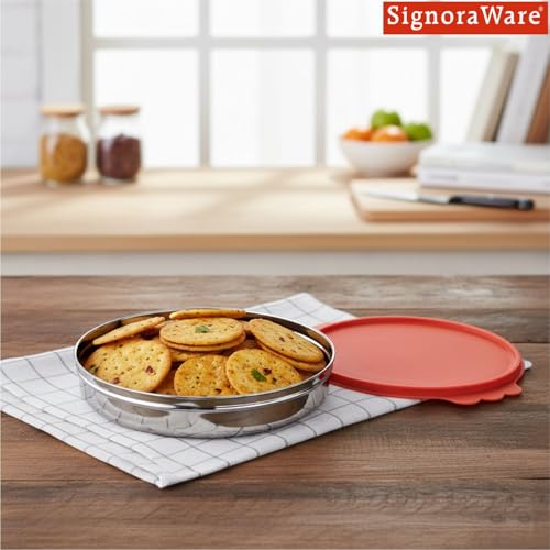 Image of SignoraWare Stainless Steel Small Khakra Box /Container | Airtight & Leakproof | Compact & Stylish Design for Kitchen & Travel Use | Ideal for Khakhra, Snacks, Roti, Dry Fruits (1.6 LTR | Red)
