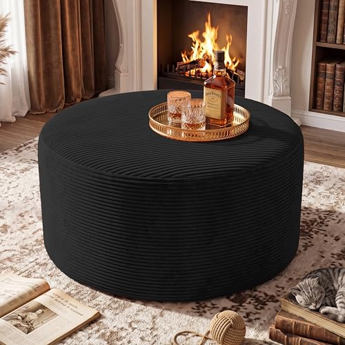 BSHOMGI Round Coffee Table Ottoman for Corduroy Cloud Sectional Couches in a Box Memory Foam Compressed Pouf Footstool Rest for Living Room Bedroom Makeup Room No Assembly Require(Black 27.6)