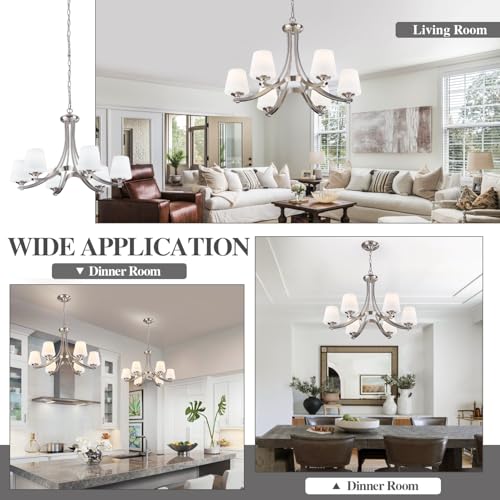 Image of 6-Light Brushed Nickel Chandeliers for Dining Room with Frosted Glass 47.2 inch Adjustable Silver Pendant Ceiling Lighting Rustic Vintage Hanging Lamp for Farmhouse Kitchen Island Dining Table Living Room