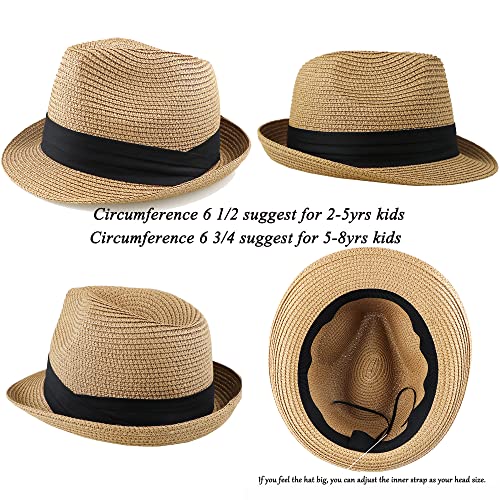 Kids Fedora Straw Sun Beach Fedora Hat Floppy Short Brim For Boys Girls(20.5" For 2-5T; 21.26" For 5-8T) Khaki #TOP1