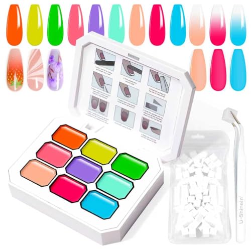 U-Shinein Gradient Painting Gel, 9 Neon Colors Ombre Gel Nail Polish Light Rainbow Hot Pink Blue Green for Pigment Pat Nails Aura Nails, French Manicure DIY Nail Art Rainbow Candy Set