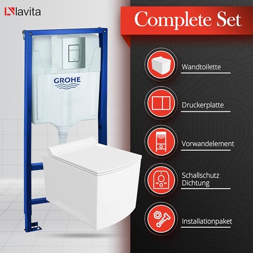 Lavita Vorwandelement Solido + Wand Hänge WC Fago Weiß Spülrandlos + WC Sitz mit Absenkautomatik Verchromter Knopf Komplettset Unterputz Spülkasten Toilette Komplett Sett WC – Bild 3
