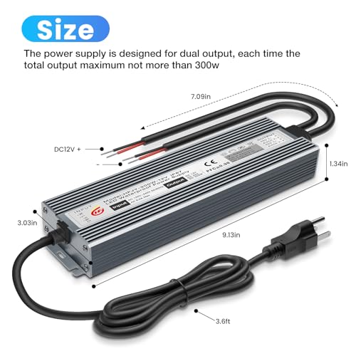 Image of LED Driver 300W Waterproof Power Supply IP67 Transformer, Adapter Converter AC 100V-265V AC to 12V DC 25A Low Voltage Output with 3-Prong Plug for LED Light, Computer Project, Outdoor Use