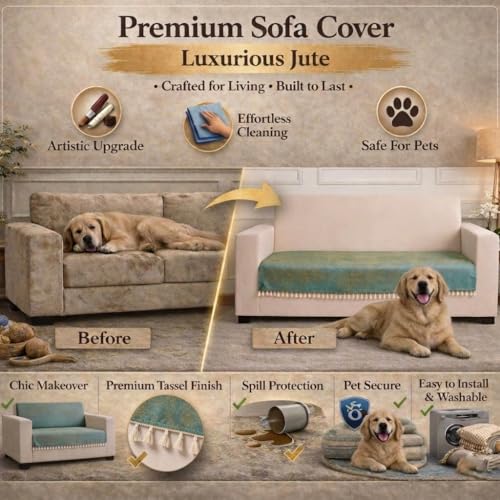 Image of STITCHNEST Jute Sofa Cover - Silk Brown, 24x30 Inch | Soft Textured Fabric with Tassel| Sofa for Living Room Decor