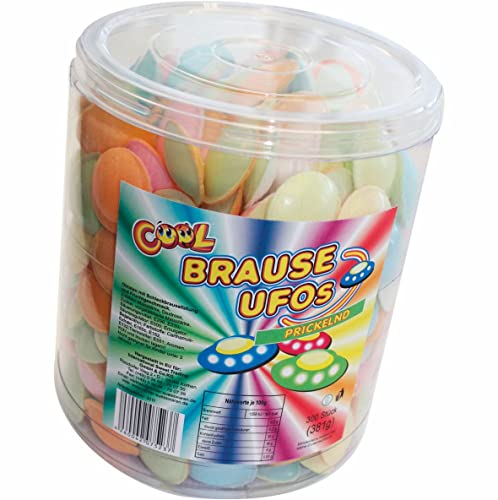 COOL Brause Ufos, 300 prickelnde Brause Ufos, kunterbunt aus Esspapier, kultige Retro-Süßigkeit für Kindergeburtstage, Frischhaltedose wiederverschließbar (1 x 381 g)