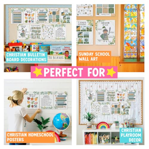 Image of Hadley Designs Sunday School Decorations for Classroom -9 Bible Posters for Kids, Books of the Bible, 10 Commandments, Bible Timeline Chart, Fruits of the Spirit, Greenery Christian Classroom Decor