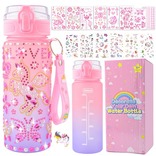 Gifts for 4 5 6 7 8 9 10 11 Year Old Girls DIY Water Bottle Birthday Gifts for Girls Age 3-12 Decorate Your Own Water Bottle Kids Diamond Unicorn Stickers Presents Toys Crafts Girl Back to School