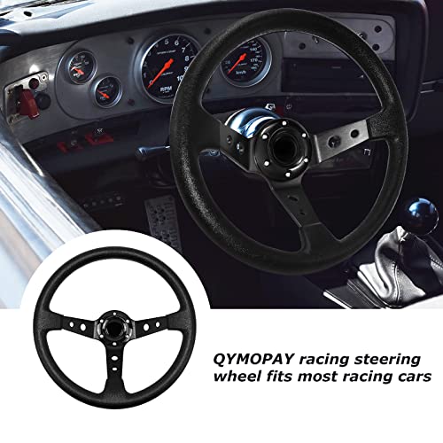QYMOPAY Drifting Deep Dish Racing Steering Wheel, 6 Bolt Anti-Slip Leather and Aluminum Gaming Steering Wheel with Horn Button for Racing/Car Sim Driving/JDM Sports Racing Steering Wheel (Black) - Image 5
