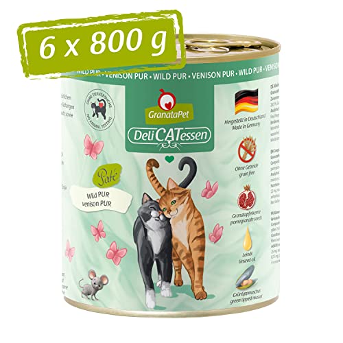 GranataPet DeliCatessen PUR con selvaggina, alimento umido per gatti, cibo senza cereali e zuccheri aggiunti, scatolette con alto contenuto di carne e oli salutari, 6 x 800 g