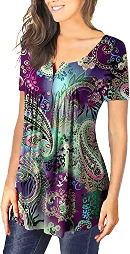 Womens Tops Hide Belly Tunic Summer Short Sleeve T Shirts Flowy Henley Tshirt Casual Dressy Blouses for Leggings2