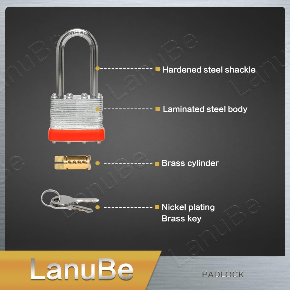 LanuBe Candado laminado con llave (1-9/16 pulgadas, 40 mm), cerraduras iguales con llave, grillete largo, aro de plástico naranja marcado, paquete de 100