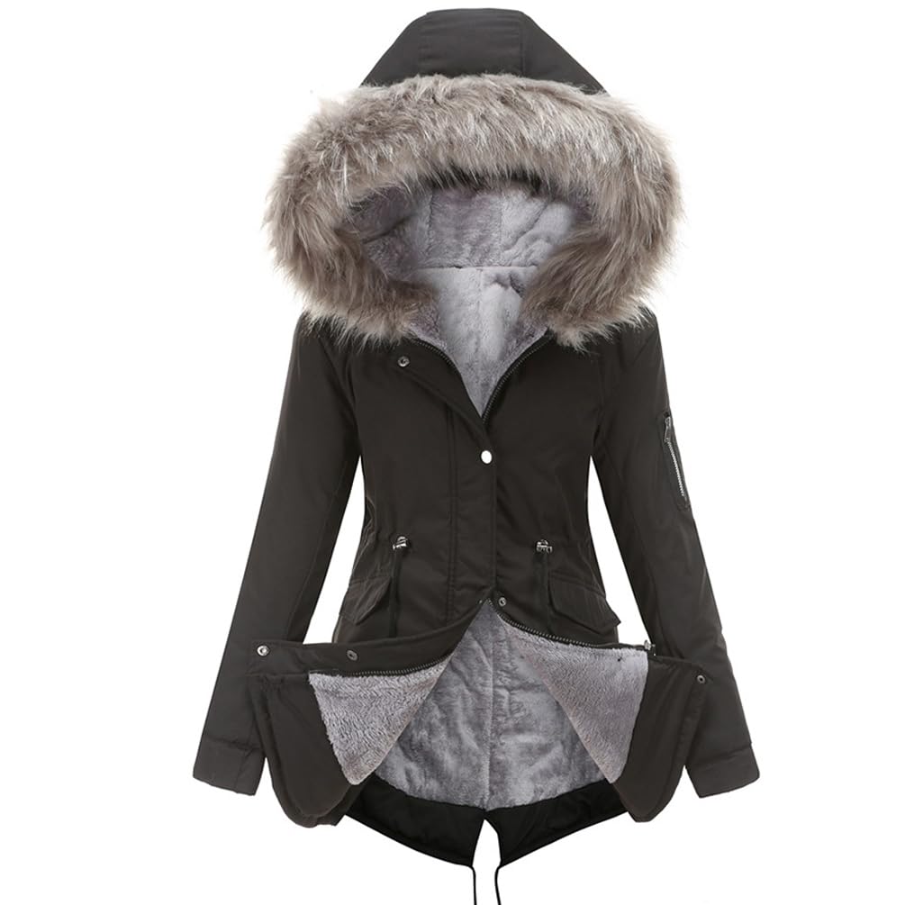 Płaszcze Parka Damskie Zimowe Termiczne Płaszcz Bawełniany Polar Długa Kurtka Z Kapturem Synthetic Futro Ciepła Kurtka Wiatroodporna Na Co Dzień Parka, Czarny (Black), XL