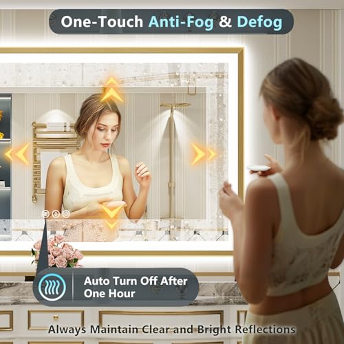 Image of 72x36 Gold Beveled LED Bathroom Mirror Backlit & Front Lit Anti-Fog | Brushed Gold Framed, Anti-Fog Lighted Vanity Mirror, Dimmable, 3-Color Light, Memory, CRI95, HD Tempered Glass, UL Listed