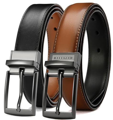 Image of Chaoren Leather Ratchet Belt 2 Pack Dress with Click Sliding Buckle 1 3 /8 inch in Gift Set Box - Adjustable Trim to Fit