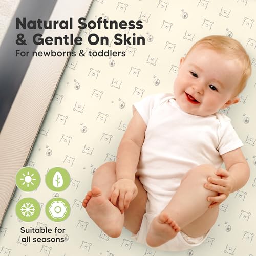 Image of 2 Pack and Play Sheets, Waterproof Mini Crib Sheets Fitted - 38x26 Organic Cotton Pack N Play Sheets for Graco Pack and Play Mattress,Playard Baby Crib Sheets,Neutral for Boy,Girl,Toddler(Bumble Bear)