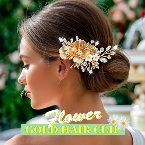 Pinza para cabello dorada con flor y cristales miniatura 3