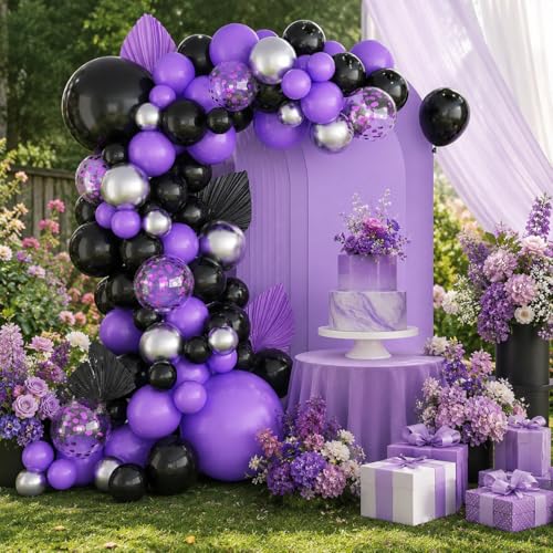 Image of Black Purple Balloons Arch Kit,BTZO Metallic Silver Purple Confetti Balloon for Birthday Wedding Bridal Shower Graduations Party Decorations